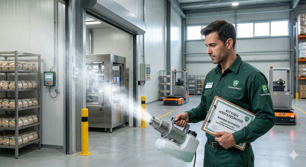 Εξειδικευμένος γεωπόνος της Greenshield εφαρμόζει cold fogging ψυχρή νέφωση σε βιομηχανία.