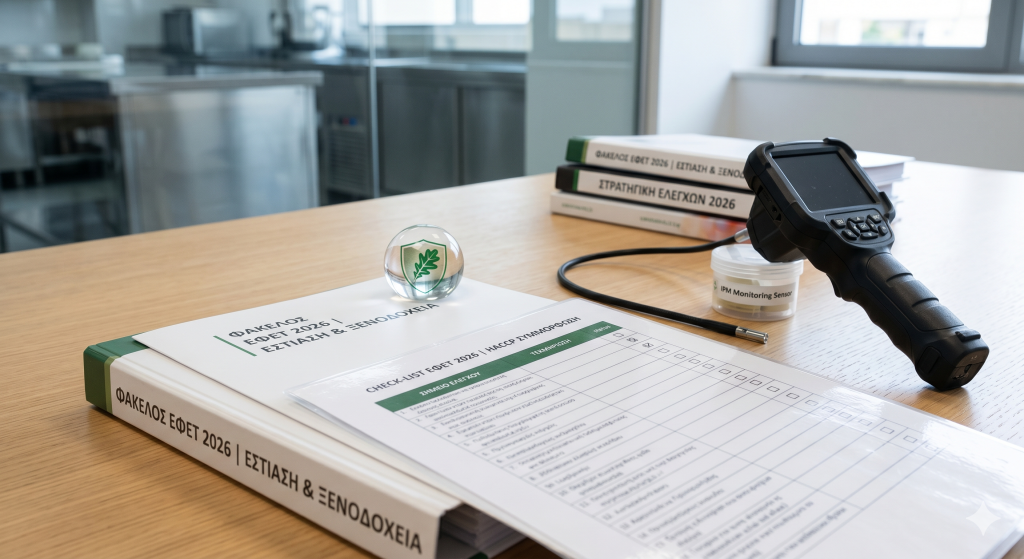 Έντυπο Check-list ΕΦΕΤ 2026, Φάκελος HACCP, αισθητήρας IPM monitoring και ψηφιακός σαρωτής ελέγχου σε πάγκο επαγγελματικής κουζίνας, για την υγειονομική συμμόρφωση ξενοδοχείων και εστίασης.