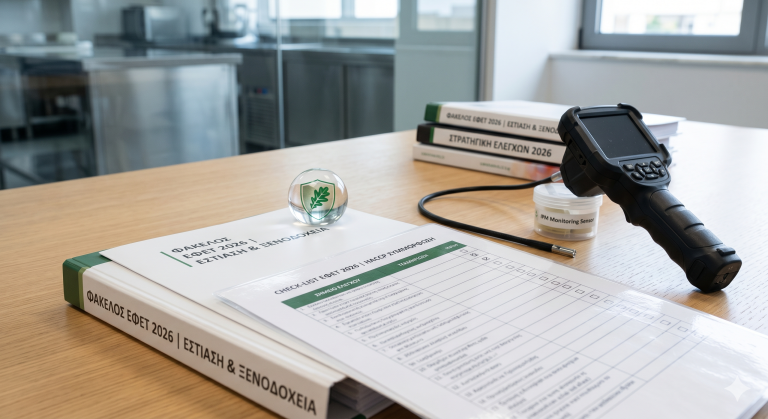 Έντυπο Check-list ΕΦΕΤ 2026, Φάκελος HACCP, αισθητήρας IPM monitoring και ψηφιακός σαρωτής ελέγχου σε πάγκο επαγγελματικής κουζίνας, για την υγειονομική συμμόρφωση ξενοδοχείων και εστίασης.